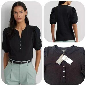 NWT Ralph Lauren Lace-Trim Jersey Puff-Sleeve Henley Top XS/P